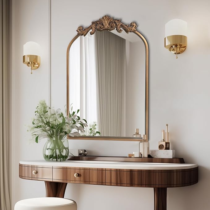 HQiJun Wall Mirror Window Decorative Traditional Vintage Ornate Baroque Mirrors Antique Arched Farmhouse for Living Room Bedroom Entryway Bathroom Vanity (27 * 19 * 1.2, Gold)