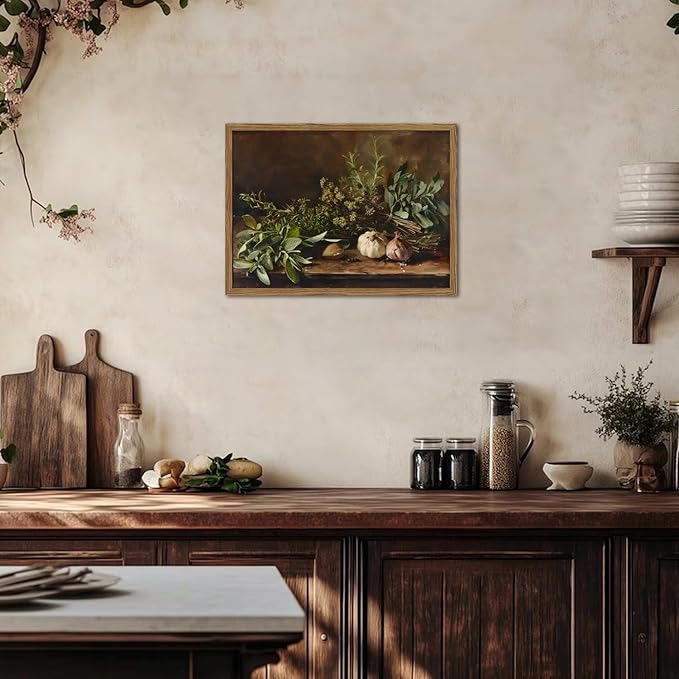 Framed Vintage Kitchen Wall Art, Rustic Garlic and Herbs Pictures Wall Decor Paintings, Farmhouse Cottagecore Canvas Prints Artwork for Home Dining Room Living Room 12x16 inch