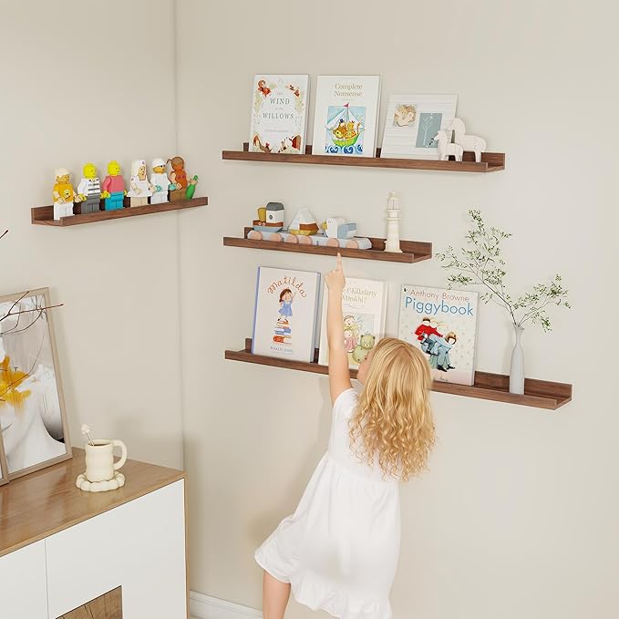 Fun Memories Picture Ledge Shelf, Floating Shelves Set of 4, 40 Inch Picture Shelves for Wall with Ledge, Large Nursery Book Shelf for Toys Storage, Living Room, Bedroom Decor Frames, Walnut