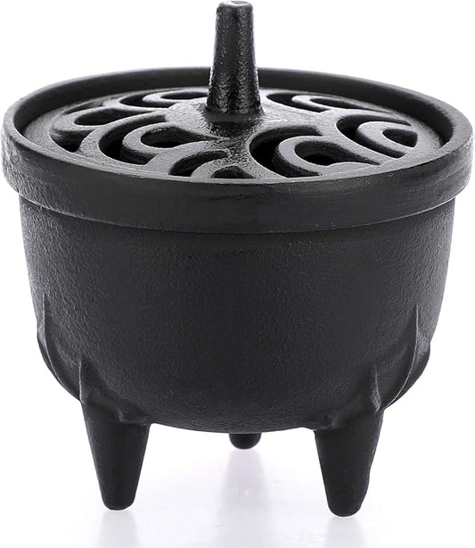 JUXYES Vintage Tripod Incense Burner Holder with Lid, Cast Iron Incense Holder Metal Cauldron Censer Antique Cone Coil Incense Burner Holder for Incense Resins, Cones, Charcoal or Wax Melts