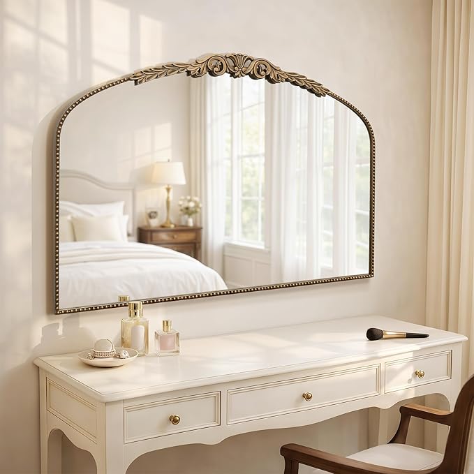 Besdomus Gold Large Fireplace Mirror: 48"x 33" Baroque Vintage Mirror - Traditional Ornate Antique Arched Mirrors for Bathroom/Wall/Vanity/Mantel/Bedroom/Entryway/Hallway - Home Decor for Living Room