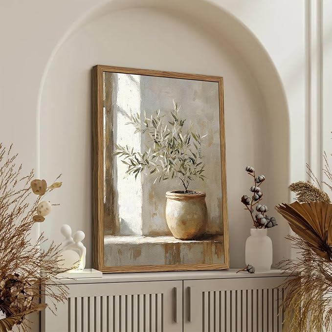 Framed Vintage Olive Tree Wall Art, Textured Sandstone Botanical Pictures Wall Decor, Rustic Neutral Potted Plant Paintings Prints Aesthetic Farmhouse Home Decor for Living Room Bedroom 12x16 inch