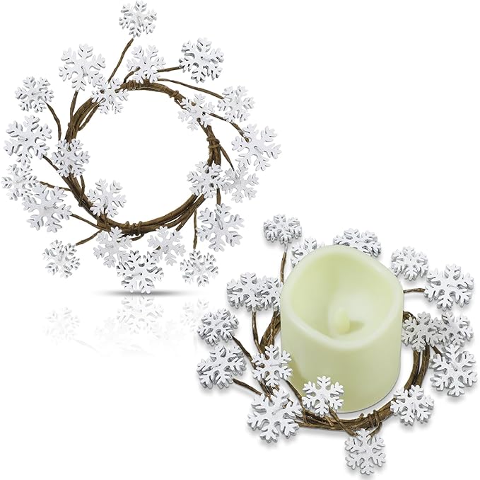 Daifunli 2 Pcs Winter Candle Rings Snowflake Wreath Glitter Vintage Wood Wreaths for Pillar 3.9 Inch Frosty Candles Holder for Winter Christmas Xmas Wedding Home Rustic Table Centerpiece Decor