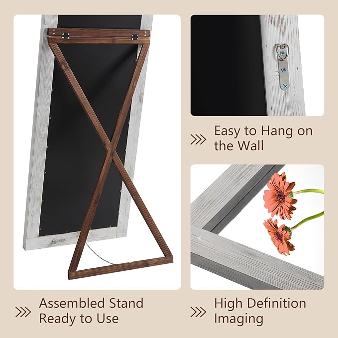 Rustic Farmhouse Full Length Mirror with Stand 71"X32" Large Wood Frame Floor Mirror, Leaning or Wall-Mounted Free Standing Mirror Tempered Glass for Bedroom Living Room, White