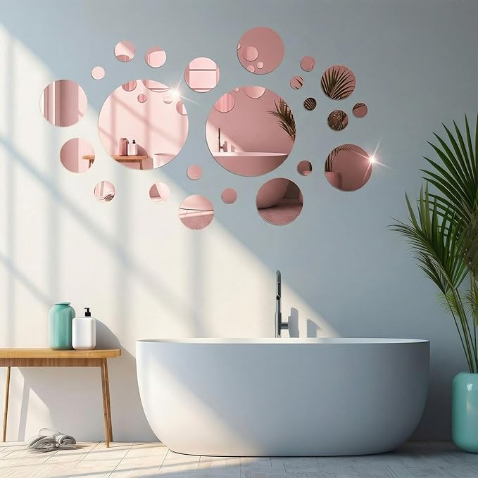 Shappy 32 Pcs Acrylic Mirror Wall Stickers Removable Round Wall Decal Circle Mirror Tiles for Home Bathroom Living Room Bedroom TV Background Decor (Pink,Medium Size)