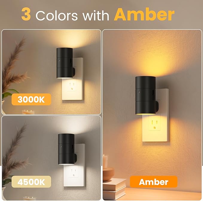 VOLISUN Night Light, Dimmable Led Night Lights Plug into Wall, Amber/3000K/4500K, 0-100LM Adjustable Brightness, Dusk to Dawn Nightlight for Hallway, Bathroom, Bedroom Black 4 Pack