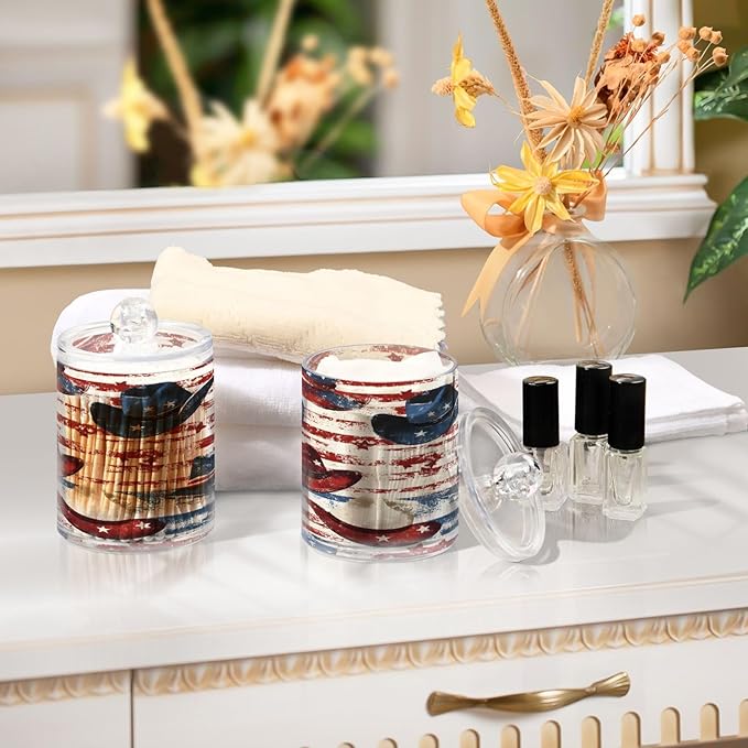 Nander 4Pack American Flag Style Cowboy Hat Qtip Holder Dispenser -Clear Plastic Apothecary Jars Set - Restroom Bathroom Makeup Organizers Containers for Cotton Swab, Ball, Pads, Floss