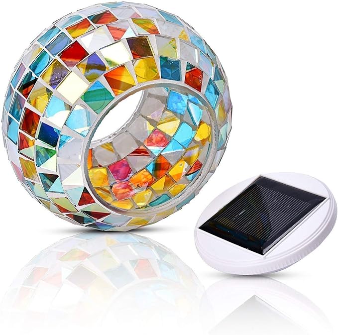 WSgift Color Changing Solar Powered Glass Mosaic Ball Led Garden Lights, Rechargeable Outdoor Waterproof Solar Night Lights Table Lamps for Decorations, Ideal Gifts