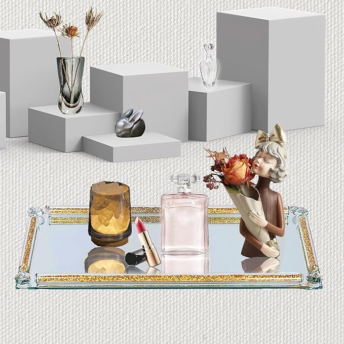 Glass Perfume Tray, 13.8" x 5.9" Golden Crystal Mirror Perfume Tray for Vanity Jewelry Trinket Cosmetic Makeup Display Serving Trays for Dresser Crushed Diamond Home Decor Countertop Organizer
