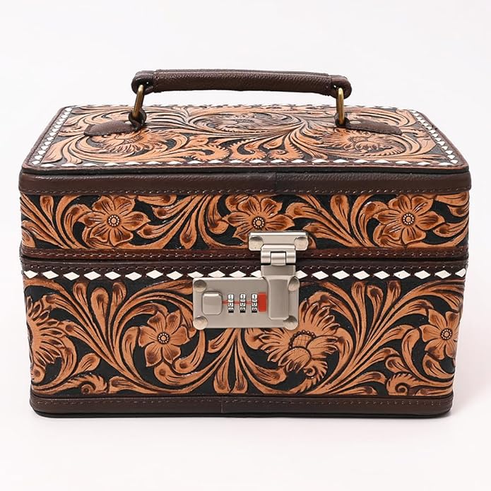 American Darling Hand Tooled Floral Carved Vegetable-Tanned Full Grain Genuine Leather Jewelry Case with YKK Zipper
