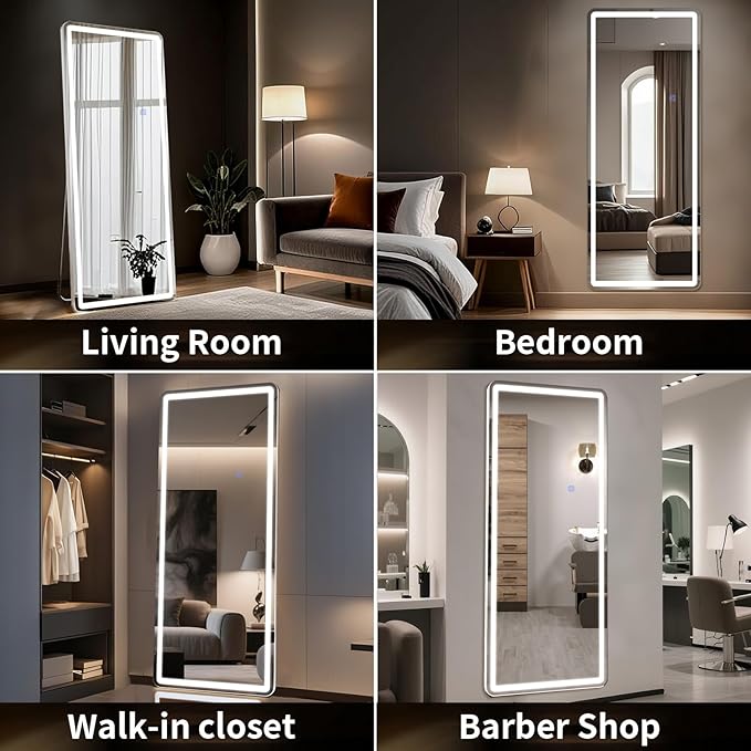 56"x21" LED Full Length Mirror – Standing Floor Body Mirror with Dimmable Lights 3 Color Modes – Adjustable Brightness, Wall-Mount or Leaning for Barber, Fitness Center, Dressing Room