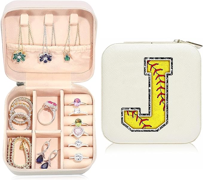 Softball Initial J Travel Jewelry Case,Valentine's Day Gift Softball Gifts for Teen Easter,Jewelry Box Personalized Softballs Accessories Letter Birthday Gifts for Players Coach Team Mom