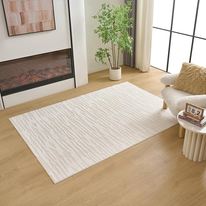 Textured High-Low Striped Area Rug for Living Room Bedroom, Modern, Wabi-Sabi, Minimalist, Japandi, Neutrel, Washable Soft Cozy 5 * 7 feet