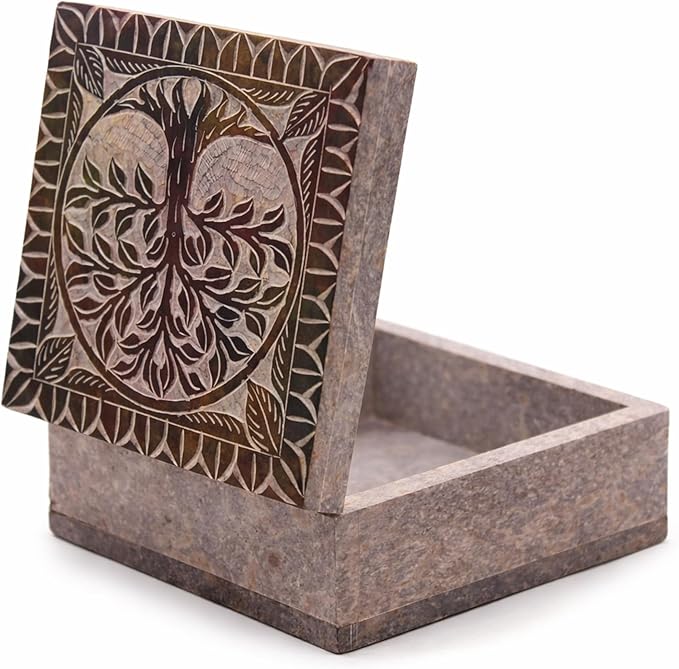 Hand Carved Marble Soapstone Square Shape Jewellery Box | Storage Organizer | Decorative Trinket Ornament Holder. (Multicolor, Length 4 Inch x Width 4 Inch x Height 2 Inch)