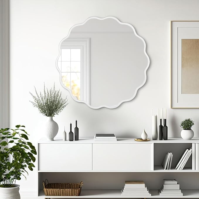 White Round Wavy Mirror for Wall 22 inch Nursery Mirror Decorative Metal Circle Mirrors Scalloped White Hanging Mirror for Bathroom,Bedroom, Dresser, Living Room,Entryway