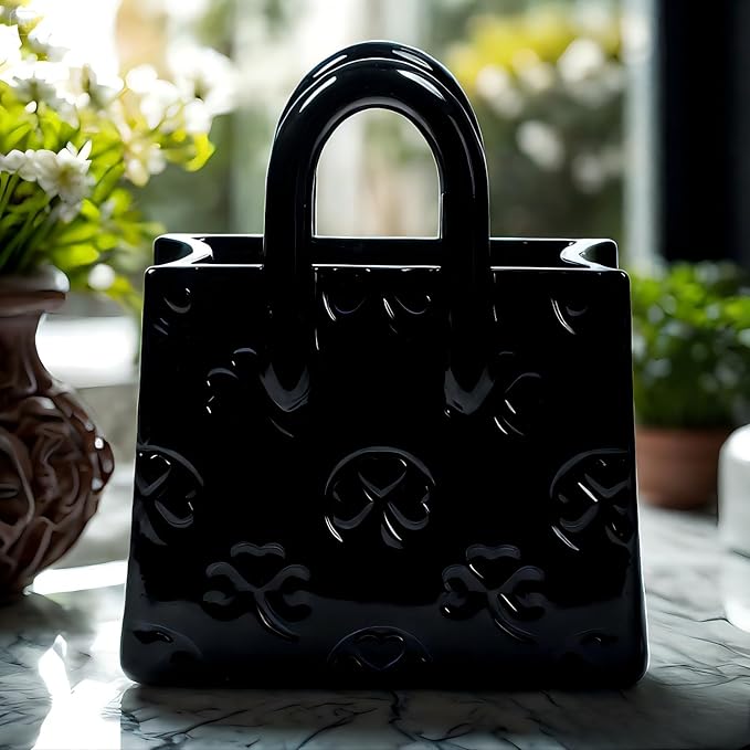 Handbag Shaped Ceramic Vase – Black Small Decorative Vase with Clover Pattern, 5.9"L x 2.95"W x 7.08"H, Multi-Use for Flowers, Makeup Brushes & Pens, Elegant Gift for Women, Gothic & Modern Home Decor