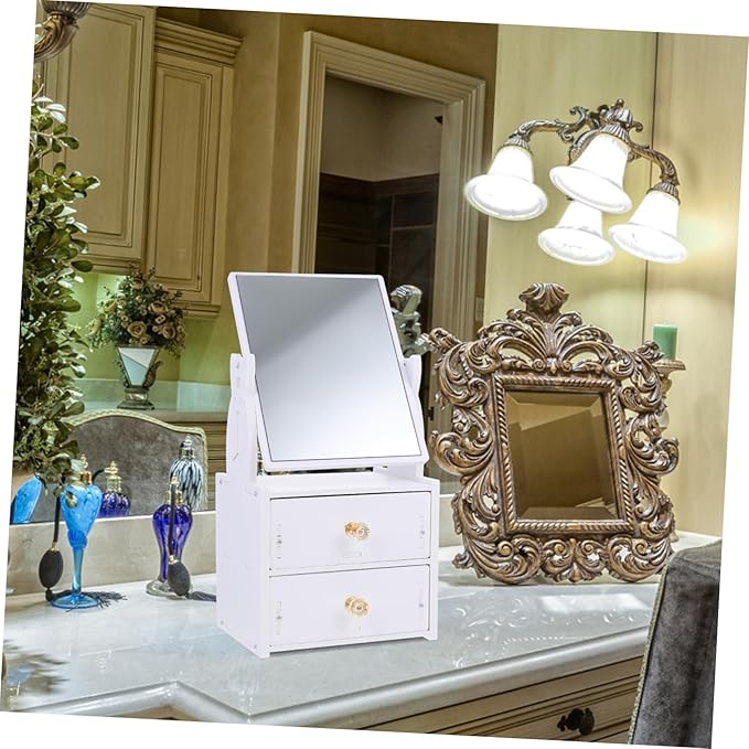Baluue Large Capacity Storage Box Desktop Mirror Makeup Organizer Stable Vanity Mirror for Shaving Dressing