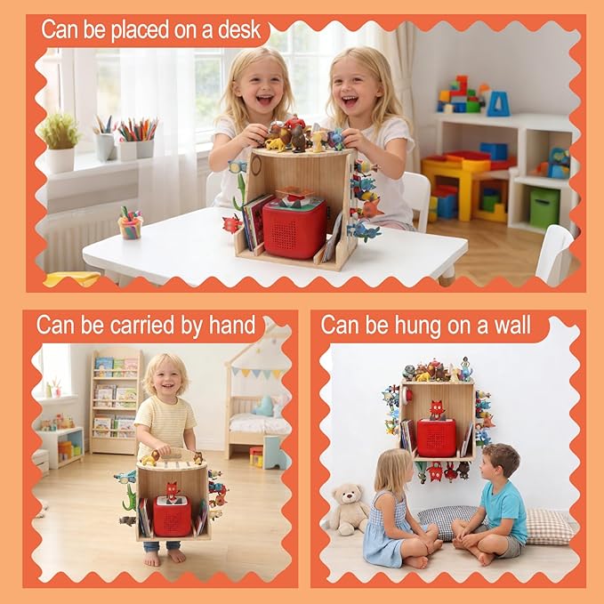 for Toniebox 1/2 Storage Shelf Display for 40–50 Tonies Figures Characters, Holds for Tonieplay Story Game Controller Accessories, Wooden Magnetic Organizer with Charging Access, Wall Mount+Desktop
