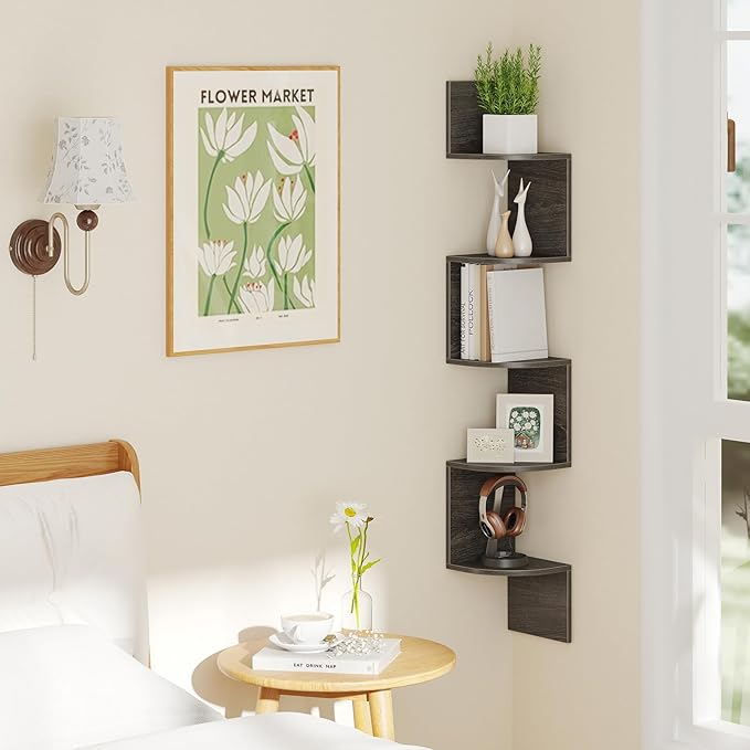 Giantex Corner Shelf Wall Mounted Set of 2, 5-Tier Floating Corner Bookshelf, Home Storage Organizer, Wooden Display Stand Rack for Wall, Plant Shelf for Living Room, Bedroom, Kitchen, Oak