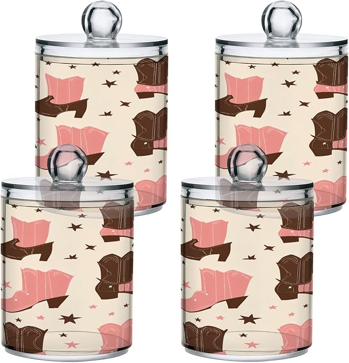 Nander 2Pack Beautiful Cowboy Boots Qtip Holder Dispenser -Clear Plastic Apothecary Jars Set - Restroom Bathroom Makeup Organizers Containers for Cotton Swab, Ball, Pads, Floss