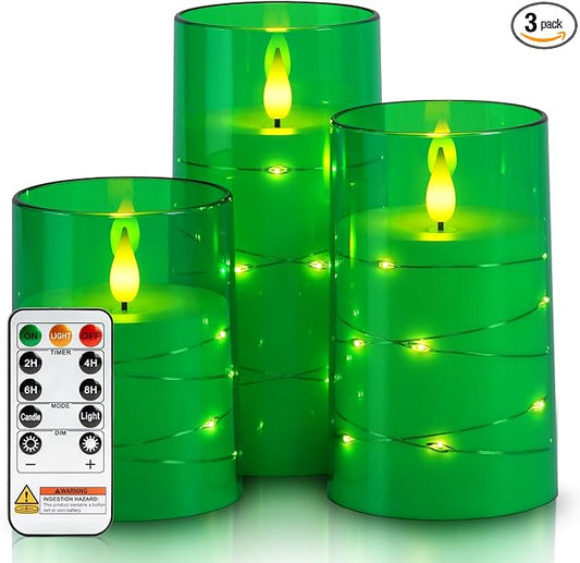 Homemory St. Patrick's Day Flameless Candles with Embedded Star String Fairy Lights, Green Battery Operated Candles, LED Candle, Fake Candles with Remote Control and Timer, Set of 3(H 4" 5" 6”)