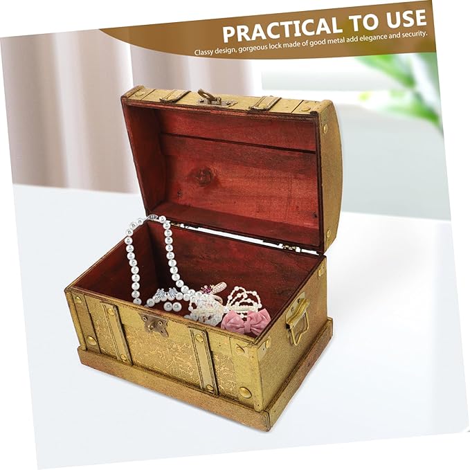 VALICLUD Vintage Wooden Pirate Treasure Chest Small with Metal Lock Elegant Jewelry and Keepsake Storage Box for Collectibles Gifts and Makeup Organizer Classic Design for Women and Party