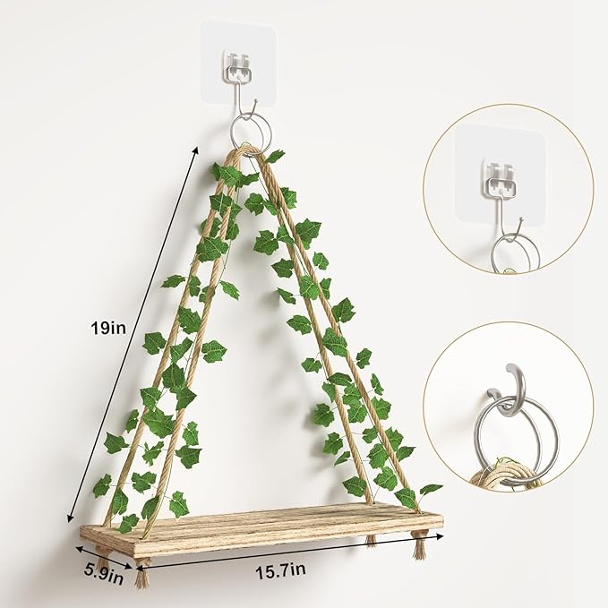 Fixwal Artificial Ivy LED-Strip Floating Shelves Set of 3, Macrame Hanging Shelves Plant Wall Decor, Rustic Boho Wood Wall Storage Shelves for Bedroom, Living Room, Bathroom Decor (Rustic Brown)