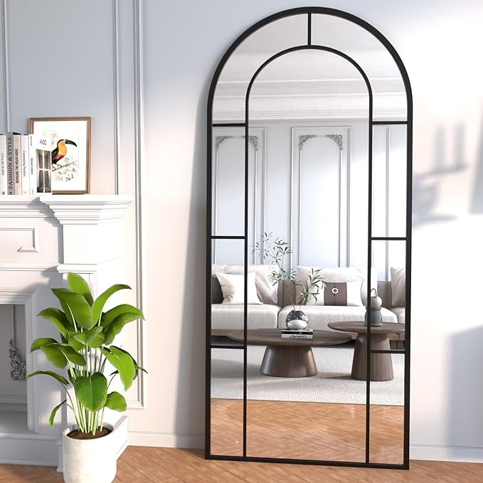 Rowjut Arched Wall Mirror 56" x 22" Window ＆ Wall Decorative Mirror, Iron Framed Window Pane Mirrors, Arched Top Wall Mirror for Entryway Living Room, Bedroom, Fireplace (Black)