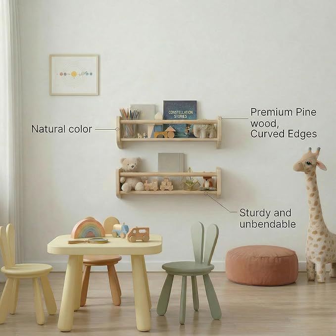 Nursery Bookshelf Set of 2, 16” Nursery Book Shelves Wall Mounted, Wooden Floating Shelves for Nursery Wall, Baby Book Shelf for Nursery, Kids Wall Bookshelf Organizer with Support Rod, Space Saving