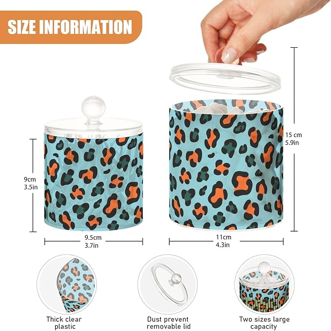 Leopard Print Orange Cyan Blue Clear Plastic Makeup Organizer Storage with lid Bathroom Essentials Decorative Dental floss storage jar for Cotton Swabs,Cotton Pads,Floss Picks,Paper