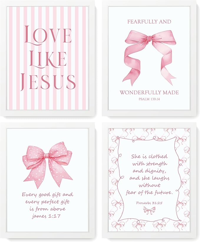 LARTSFRO Coquette Pink Bow Jesus Wall Art Decor Posters, Pink Bow Room Bedroom Bathroom Dorm Wall Art Decor Aesthetic for College Teen Girls Gifts, Inspirational Bible Verses Bow Wall Decor, 10x8 Inch Set of 4 Pcs Bow Pictures (WHITE FRAMED)