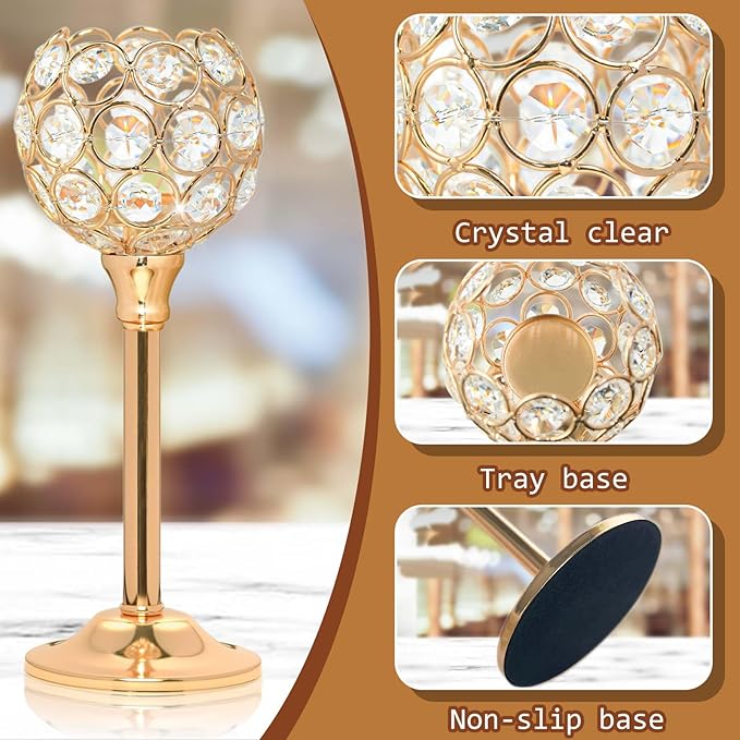 12pcs Bulk Gold Crystal Candle Holder Set, 3 Sizes Tealight Candlestick Holders, Elegant Candelabra for Wedding Table Centerpiece, Fireplace, Home & Living Room Decor