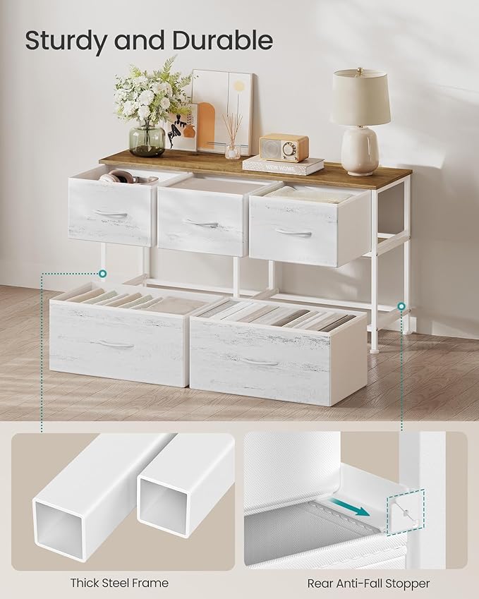 SONGMICS BELLAH Collection - Dresser for Bedroom, Chest of Drawers, Storage Organizer Unit, Closet, Entryway, Steel, 5 Drawers, Farmhouse, Rustic White and Honey Brown ULGS322WJ02S
