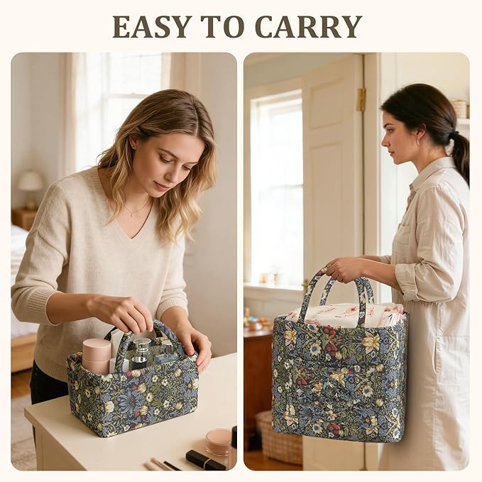 Small Storage Basket Organizer, Mini Fabric Floral Storage Baskets with Handle, Quilted Portable Collapsible Storage (Vine-Blue B)