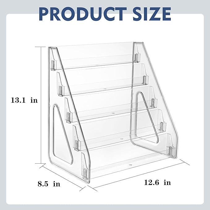 5-Tier Clear Acrylic Brochure Holder, Countertop Pamphlet Display Stand & Literature Organizer, Transparent Tiered Desk Rack for Flyers, Booklets, Greeting Cards,Easy Tool-Free Assembly