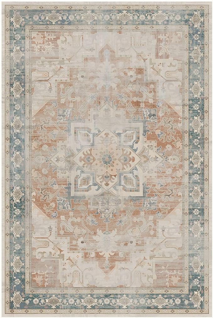 Rugxara 8X10 Orange Boho Rug,Large Washable Area Rugs for Living Room, Neutral Vintage for Office, Dining Room, Kids Room, Farmhouse, Low Pile Non Slip Carpet for High Traffic Areas, Coral