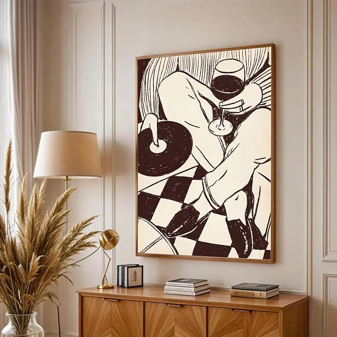 Retro Canvas Wall Art Retro Wine Music Wall Art Vintage Vinyl Record Posters Trendy 90s Abstract Watercolor Canvas Print Funny Bar Cart Decor for Music Room Bar Bedroom Home Decor, 16x24in Unframed