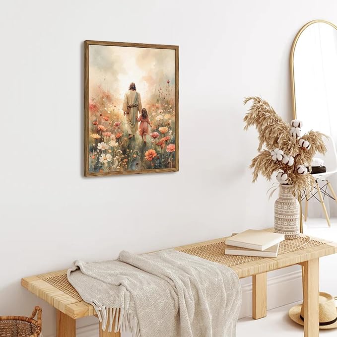 Jesus and the Girl Wall Art, Religious Jesus Painting Wall Decor Christ our Savior 3D Textured Hand Drawn Sandstone Christian Artwork for Living Prayer Room Bedroom 24x36 inch Wood Framed