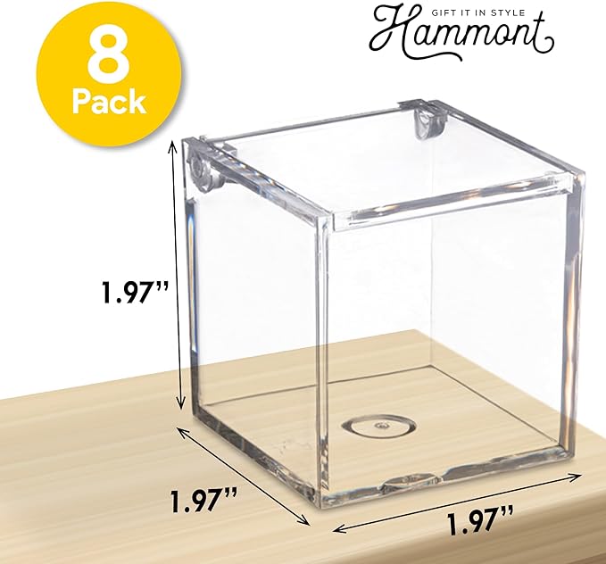 Hammont Clear Acrylic Box with Hinged Lid – Small Plastic Organizer for Office, Desk, Makeup, Crafts, Cotton Balls, Jewelry & More |2"x2"x2" (8 Pack)