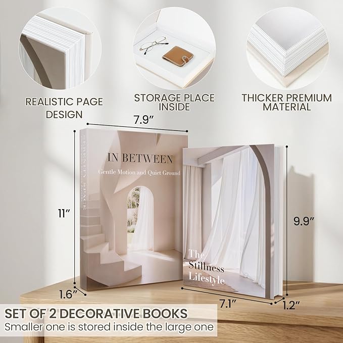 Aesthetic Decorative Books for Home Decor - Stackable Fake Books Storage Box for Coffee Table - Set of 2 Faux Books for Decoration - Fake Book Double as Libros Decorativos and Photo Storage