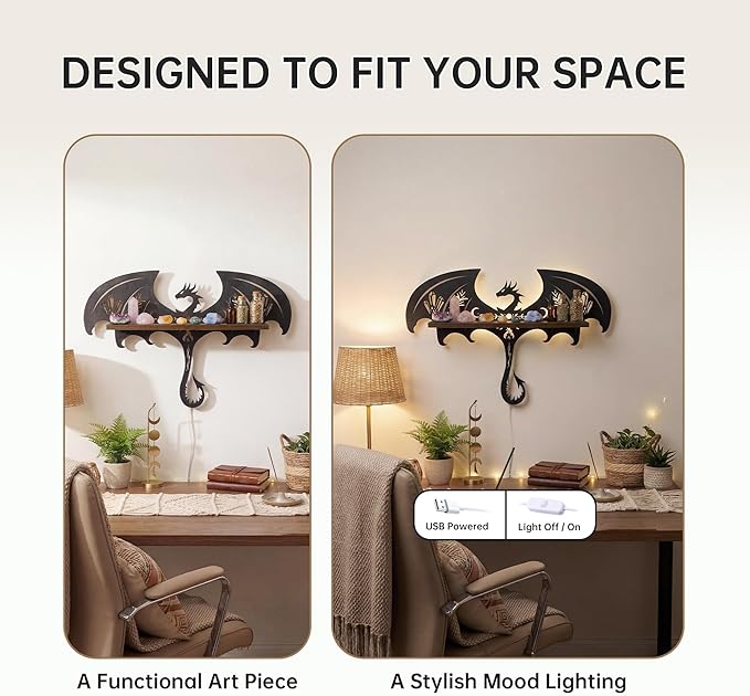 Gothic Evil Dragon Decor with LED Light Crystal Display Shelf for Wall, Wooden Witchy Shelf Rock Display Case Knick Knack Organizer Trinket Holder, Wall Hanging Shelves for Essential Oil & Nail Polish
