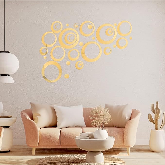 32 Pieces Removable Circle Wall Mirror Sticker Round Decal Acrylic Setting for Home Living Room Bedroom Decor, 1.5-13.5 cm (Gold)