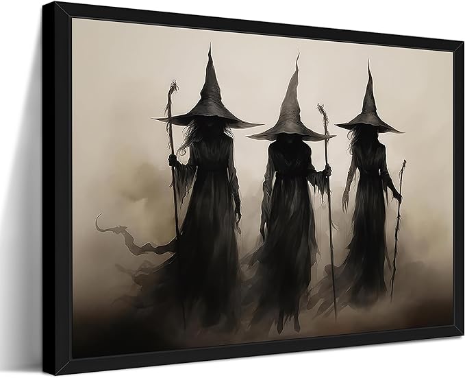 Framed Vintage Witch Canvas Wall Art - Halloween Witchy Wall Decor - Gothic Decor Aesthetics, Creepy Three Witches Rustic Macabre Dark Artwork Prints for Living Room Bedroom 12x16 inch