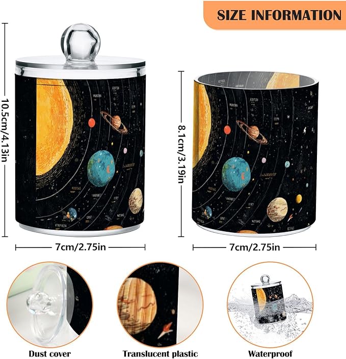 2 Pack Apothecary Jars Colorful Solar Galaxy Bathroom Vanity Storage Organizer Set,Small Clear Plastic Storage Jars Bathroom Canister for Cotton Swabs, Rounds, Balls, Qtips,Makeup Sponges, Flos