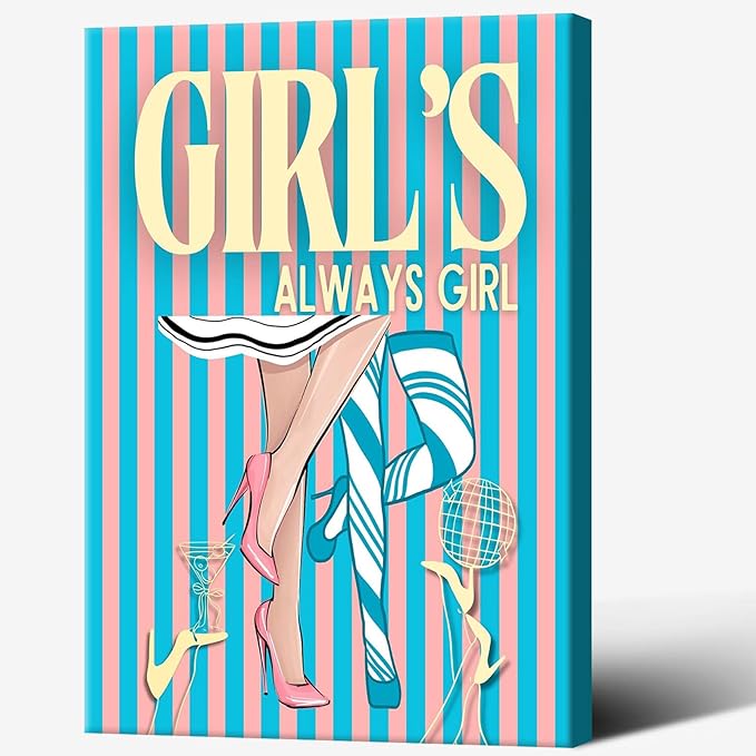 Trendy Always Girls High Heels Poster Funny Cocktail Disco Ball Canvas Wall Art Preppy Blue And Pink Stripes Feminine Girly Prints Painting For Living Room Bedroom Wall Decor 24x36in Wrapped Canvas