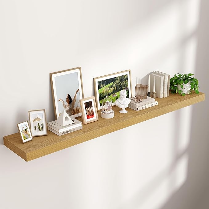 Venusmiles Floating Shelf for Wall 71 inch Long, Engineered Wood Large Wall Shelves with Invisible Brackets for Living Room Bedroom Bathroom Office Kitchen Decor and Storage, Oak Finish, Set of 1