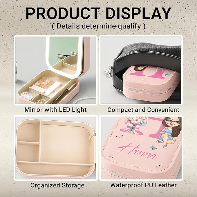 WANDERPRINT Personalized Floral Makeup Box with LED Mirror – Custom Name Birth Month Flower Jewelry Organizer, Travel Cosmetic Case Gift for Women & Girls on Christmas Birthday (Color 4)