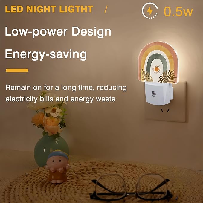 Sun and Leaves Night Light, Boho Rainbow Night Lights Plug into Wall Dusk to Dawn Sensor Round Nightlight for Women Men Energy Efficient Led Lamp 0.5W for Stairway Hallway Bedroom