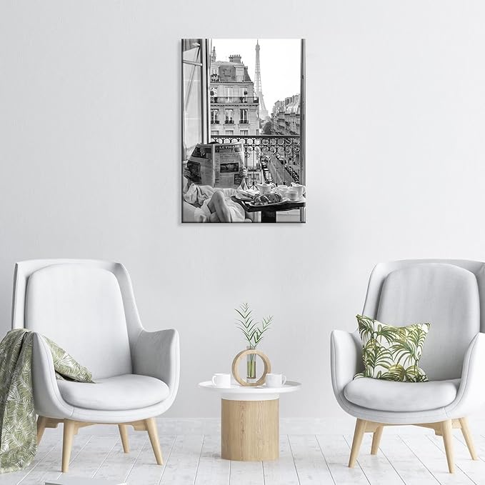 Vintage Girl Reading Newspaper Canvas Wall Art Eiffel Tower View Poster Retro Black And White Feminist Room Aesthetic Prints Painting For Home Bedroom Dorm Apartment Wall Decor 12x16in Framed