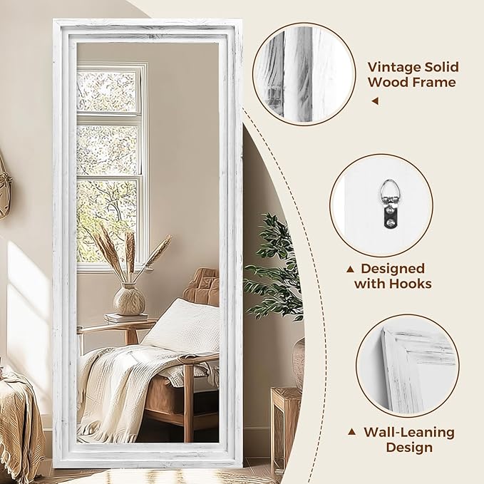 Full Length Wood Mirror 71x30 - Rustic Solid Wood Floor Mirror with Triple Layer Frame, HD Tempered Glass, Wall Mounted or Leaning Standing Mirror Vintage White Mirror for Bedroom Bathroom Living Room